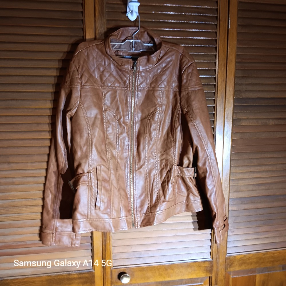 Giacca Womens Faux Leather Moto Jacket Cognac Brown Quilted XL RN 36232